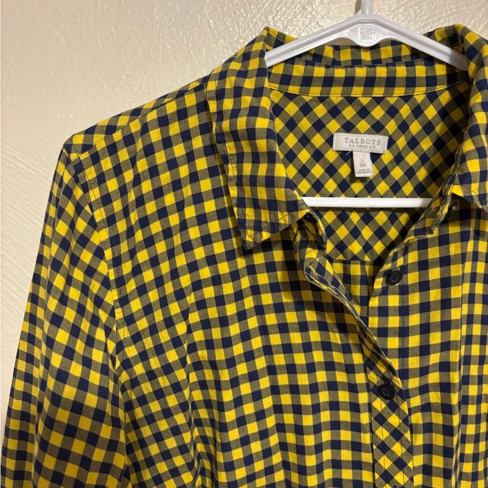 Talbots Navy Yellow Gingham Button Front Shirt 1X Cotton Blouse - Picture 6 of 8